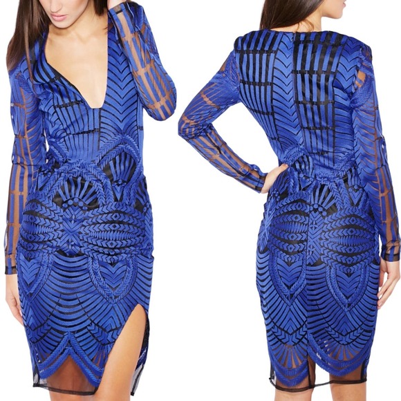 Lavish Alice Embroidered Mesh Bodycon Dress With Deep Plunge Blue Size XXS - Picture 1 of 9